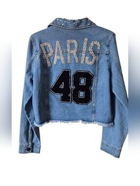 Eighty Eight Premium Cropped Denim Jacket Studded Paris 48 Varsity Patch S L #66